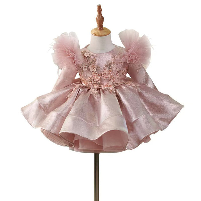 Pink Satin Knee Length Long Sleeve 1st Birhhday Girl Dress J311