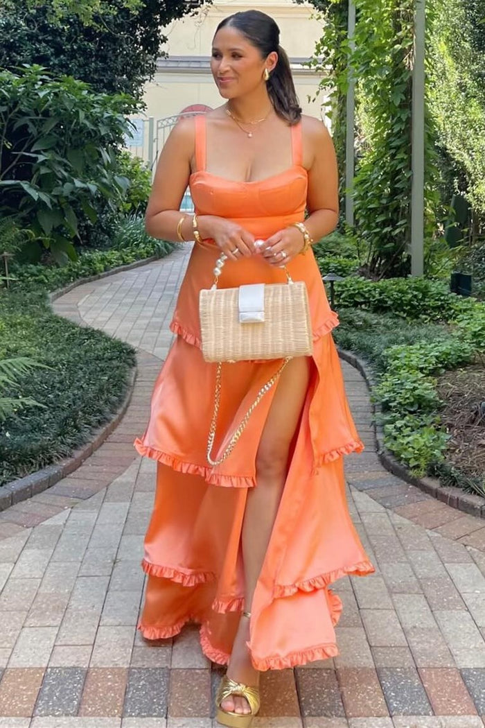 Scoop Neck Lace-Up Ruffle Tiered Maxi Dress with Slit in orange