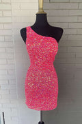 Pink Sequin One-Shoulder Cutout Tight Party Dress
