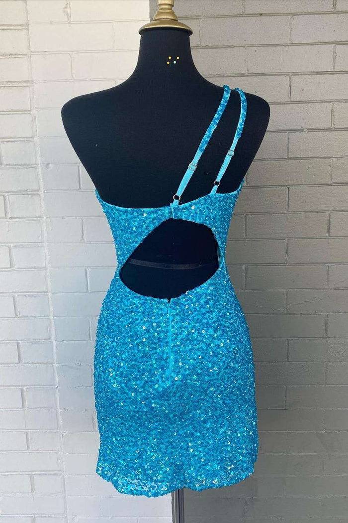 Pink Sequin One-Shoulder Cutout Tight Party Dress