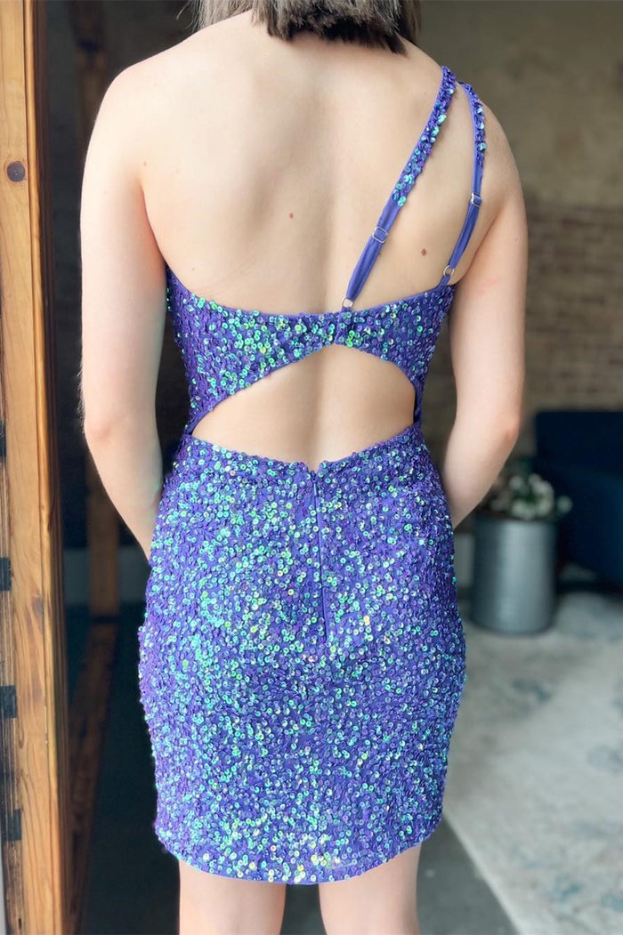 Pink Sequin One-Shoulder Cutout Tight Party Dress
