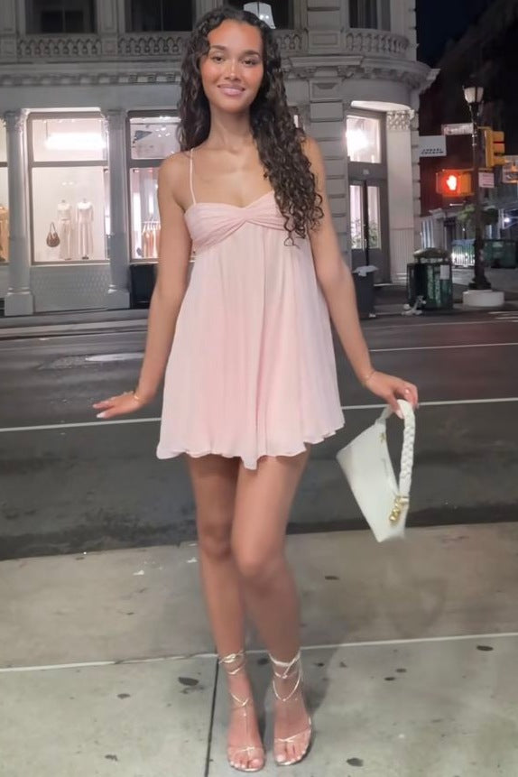 Pink Spaghetti Straps A-Line Pleated Sleeveless Short Homecoming Dress