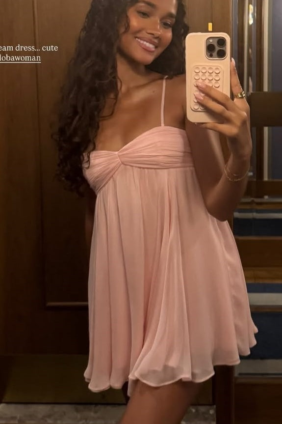Pink Spaghetti Straps A-Line Pleated Sleeveless Short Homecoming Dress