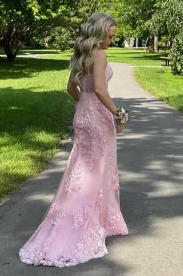 Pink Spaghetti Straps Appliques Mermaid Formal Prom Dress with Train