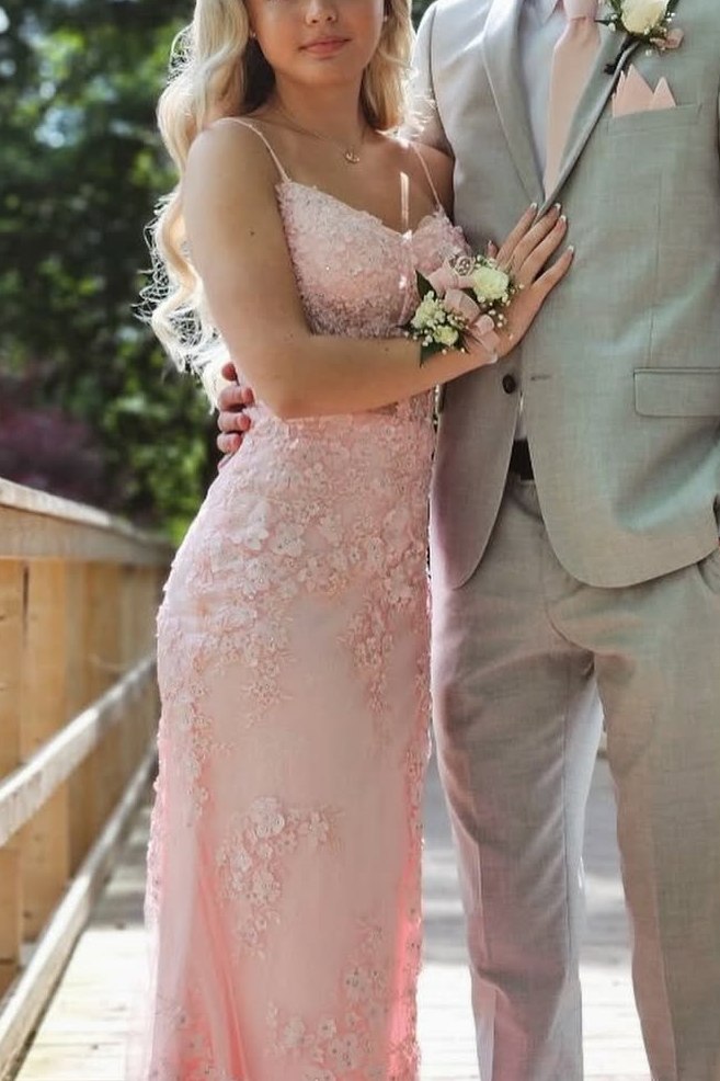 Pink Spaghetti Straps Appliques Mermaid Formal Prom Dress with Train