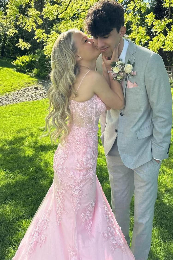 Pink Spaghetti Straps Appliques Mermaid Formal Prom Dress with Train
