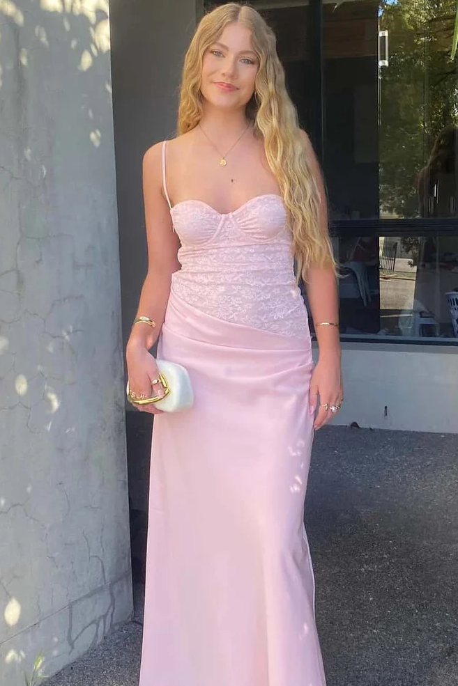 Pink Spaghetti Straps Appliques Sweetheart Pleats Fitted Long Prom Dress