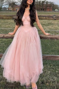 Pink Spaghetti Straps Tulle Empire-Waist Tulle Long Prom Party Dress