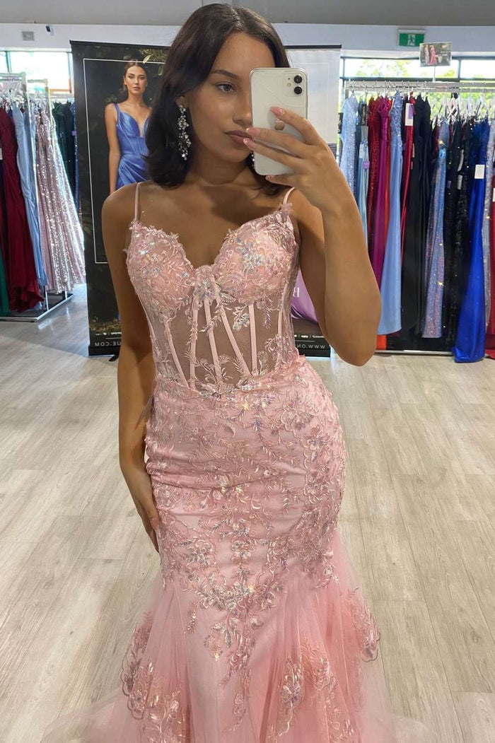 Pink Spaghetti Straps Lace Appliques Mermaid Long Prom Dress