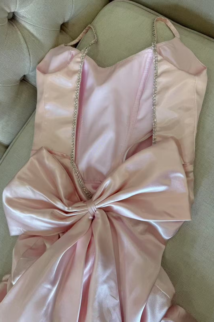 Pink Spaghetti Straps Mermaid Satin Backless Prom Party Dress with Bow