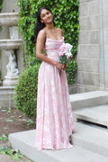 Pink Spaghetti Straps Print A-Line Sleeveless Long Prom Dress