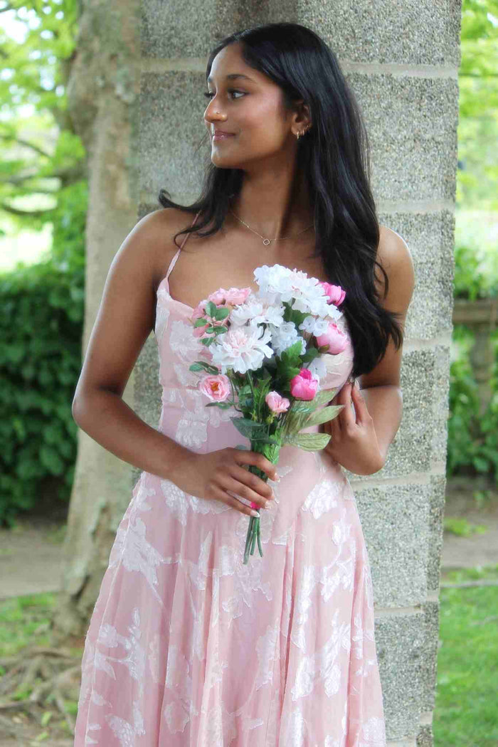 Pink Spaghetti Straps Print A-Line Sleeveless Long Prom Dress