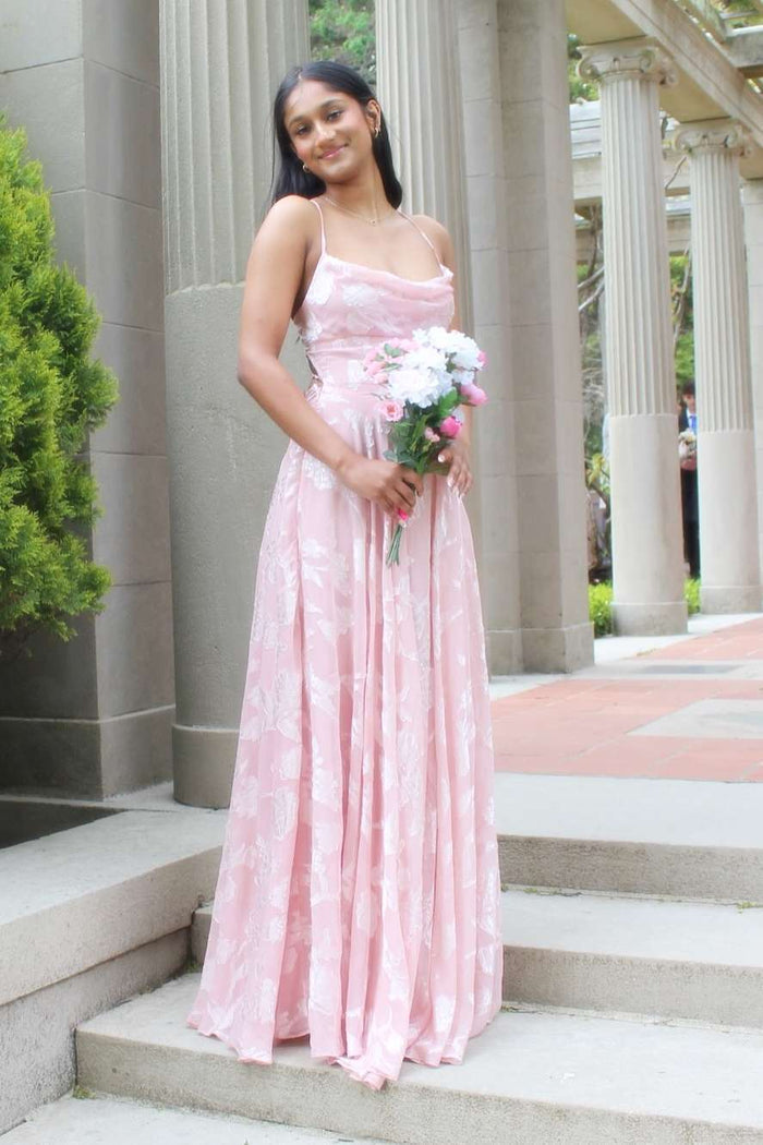 Pink Spaghetti Straps Print A-Line Sleeveless Long Prom Dress