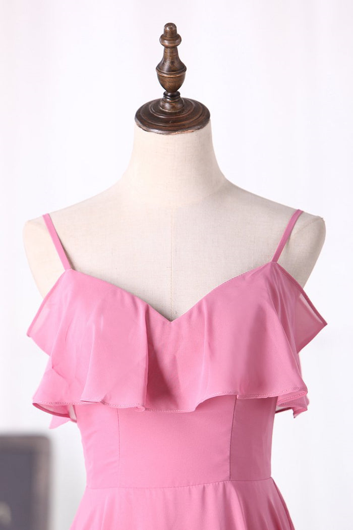 Pink Spaghetti Straps Ruffled Long Bridesmaid Dress
