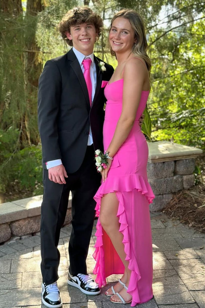 Pink Spaghetti Straps Scoop Ruffles Long Prom Dress with Slit