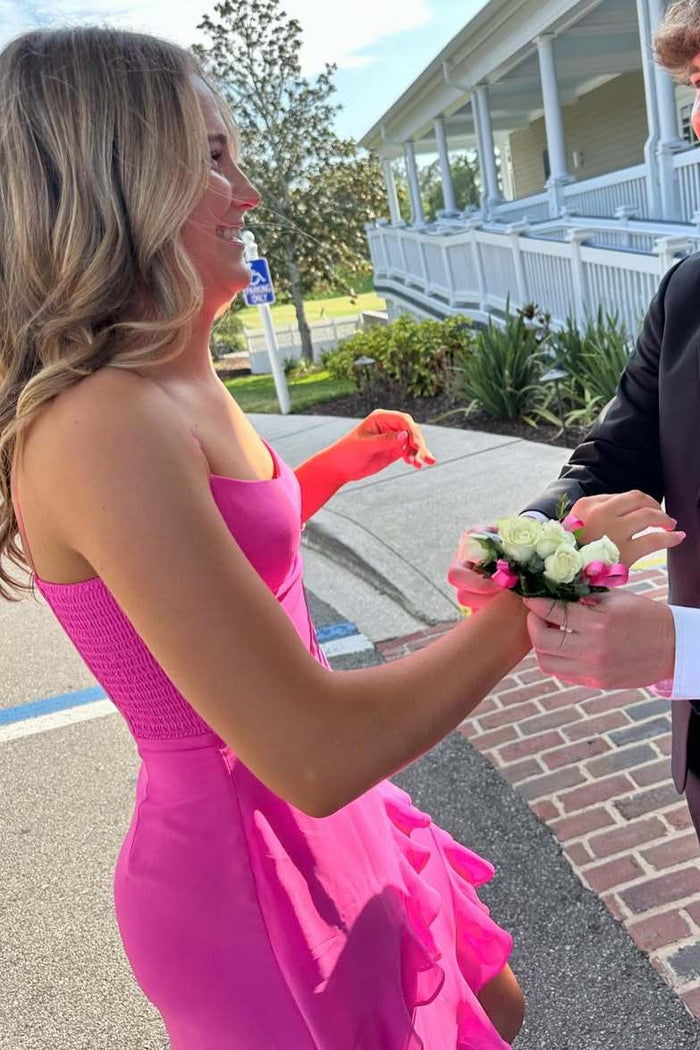 Pink Spaghetti Straps Scoop Ruffles Long Prom Dress with Slit