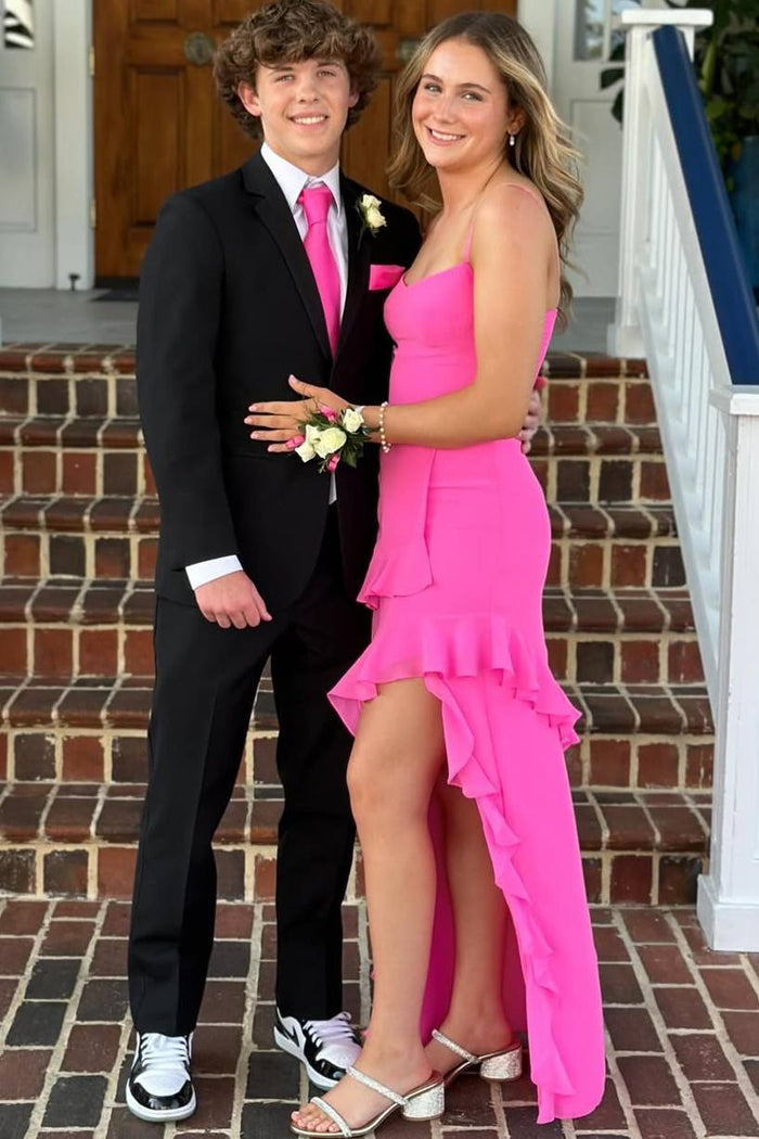 Pink Spaghetti Straps Scoop Ruffles Long Prom Dress with Slit