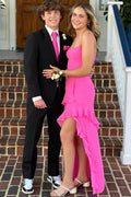 Pink Spaghetti Straps Scoop Ruffles Long Prom Dress with Slit