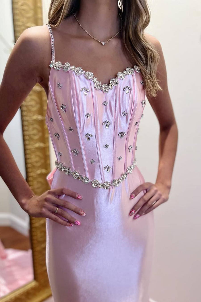 Pink Spaghetti Straps V-Neck Beads Mermaid Prom Dress with Bow