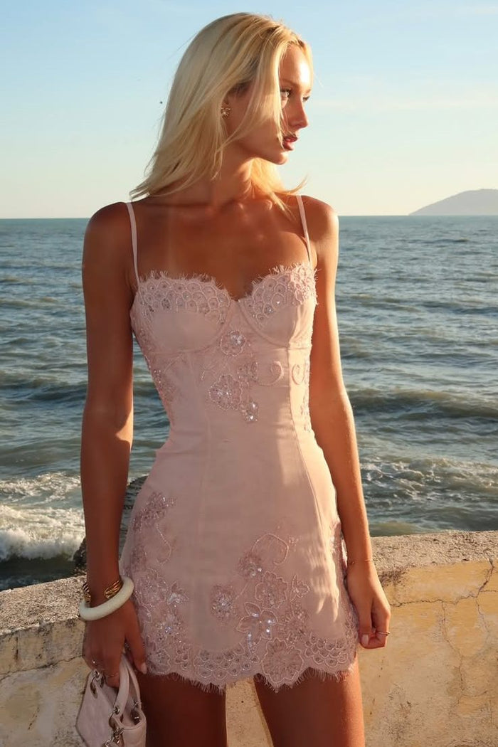 Pink Spaghetti Straps V-Neck Lace Appliques Tight Homecoming Dress