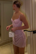 Pink Spaghetti Straps V-Neck Sequins Pleats Short Homecoming Party Dress with Beads
