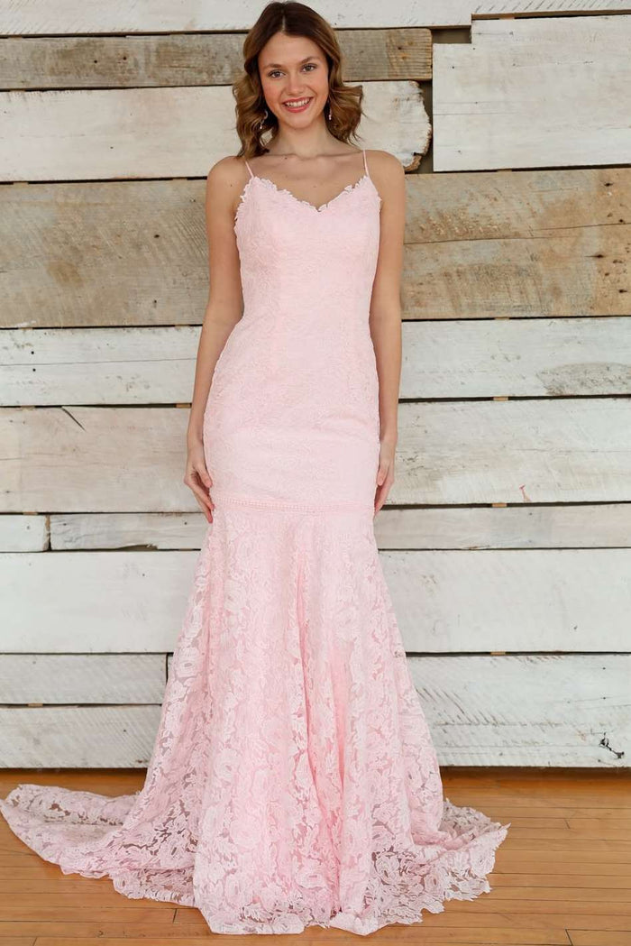 Pink Spaghetti Straps V-Neck Sleeveless Lace Appliques Mermaid Prom Dress
