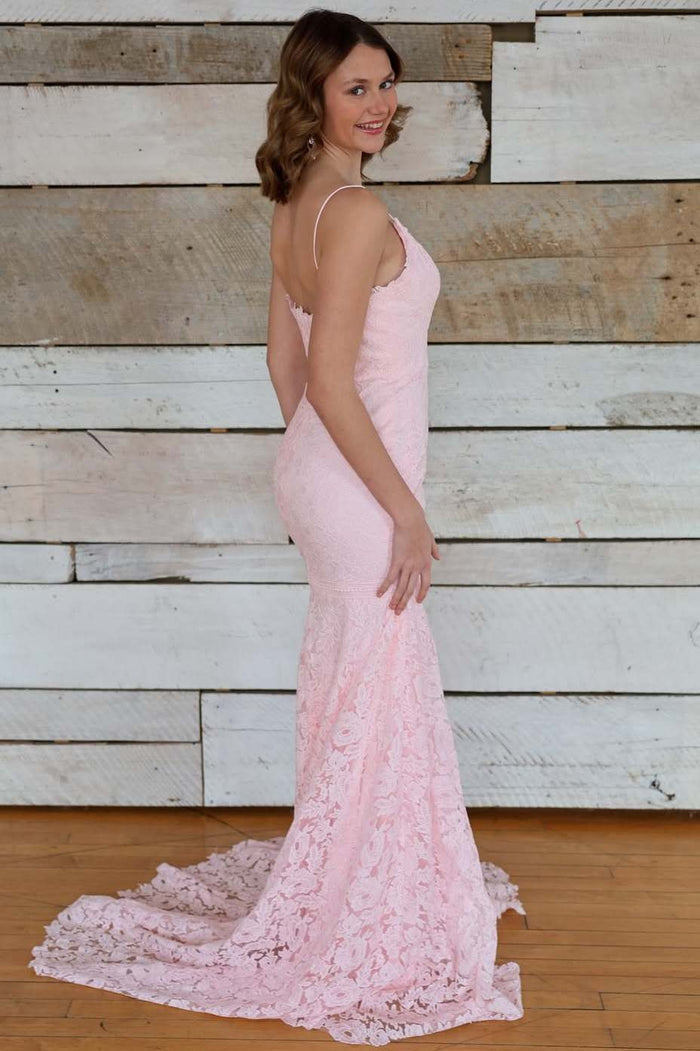 Pink Spaghetti Straps V-Neck Sleeveless Lace Appliques Mermaid Prom Dress