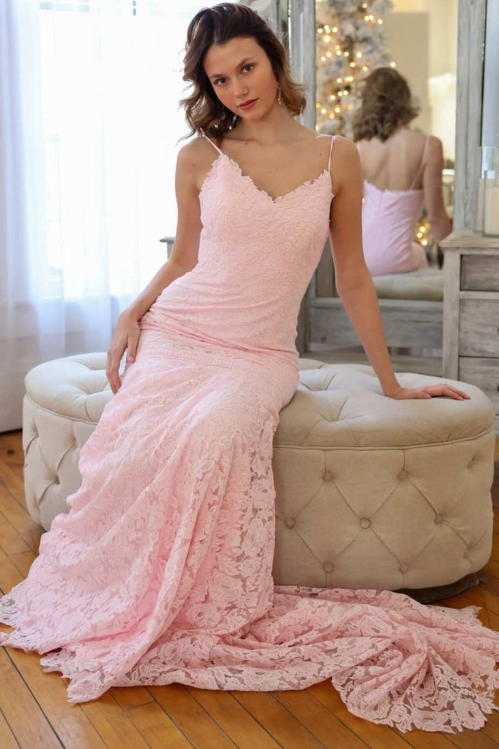 Pink Spaghetti Straps V-Neck Sleeveless Lace Appliques Mermaid Prom Dress
