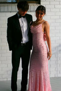 Pink Sparkly Spaghetti Straps Sequined Backless Mermaid Long Prom Dress