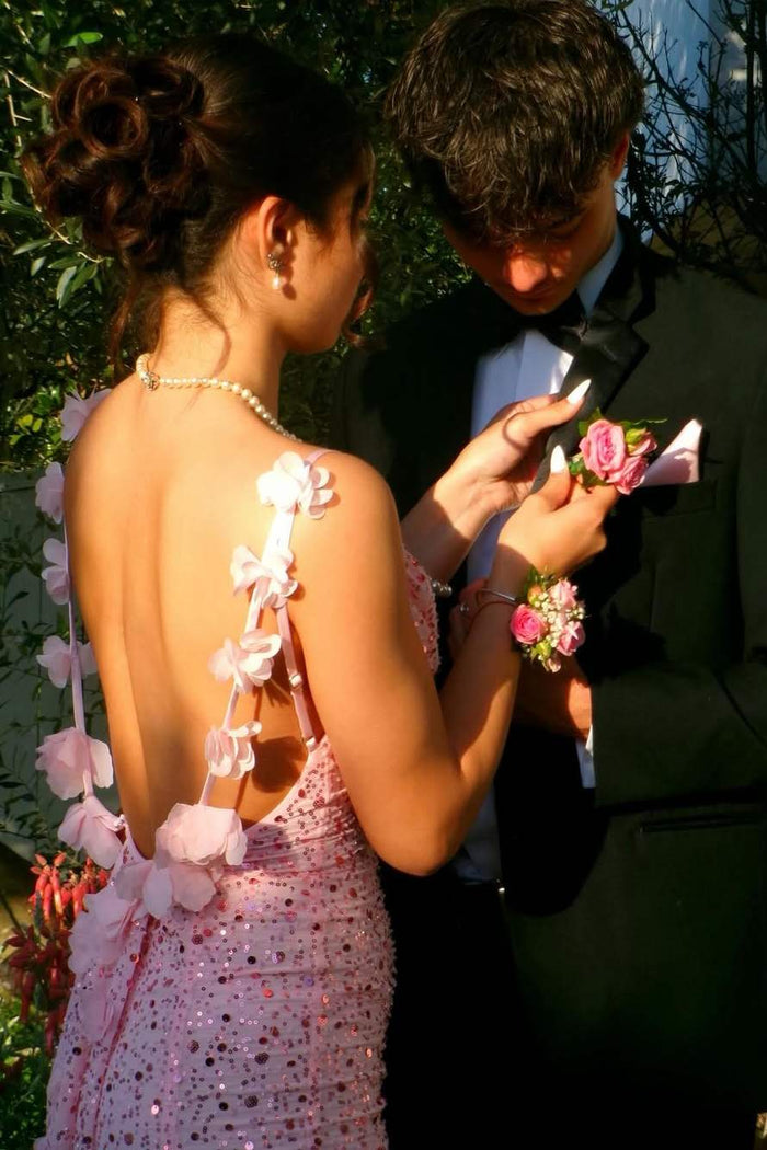 Pink Sparkly Spaghetti Straps Sequined Backless Mermaid Long Prom Dress