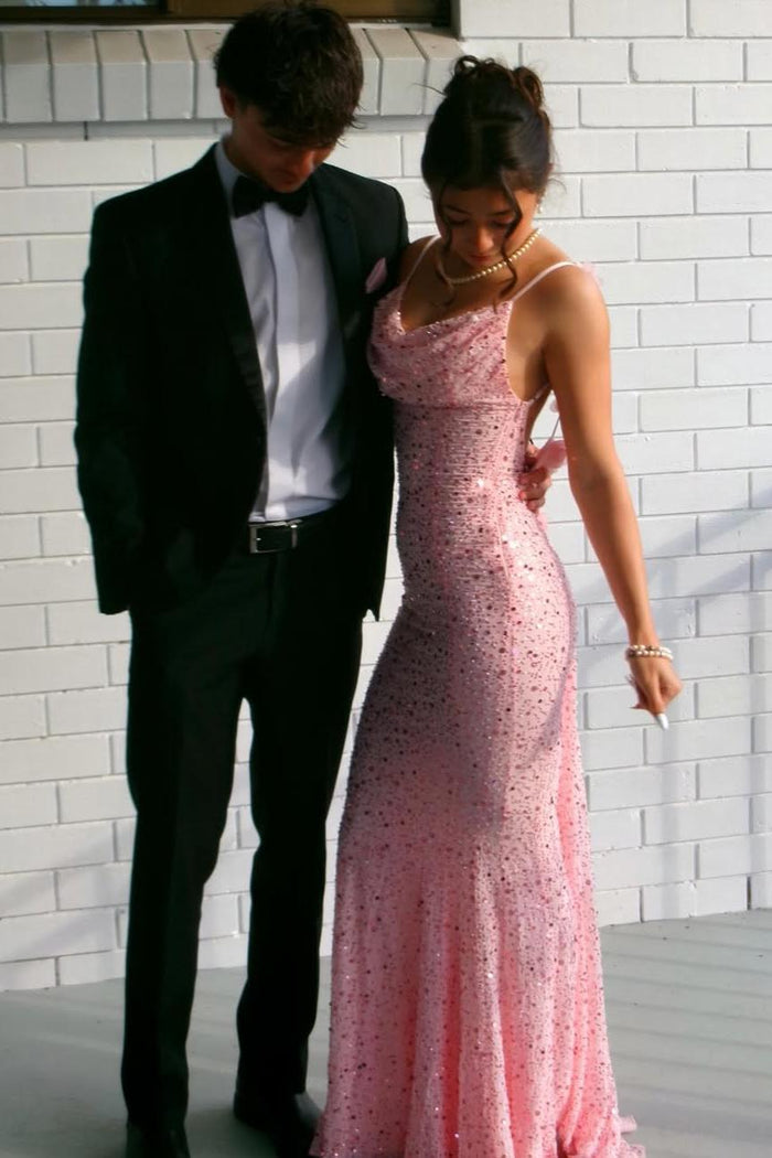Pink Sparkly Spaghetti Straps Sequined Backless Mermaid Long Prom Dress