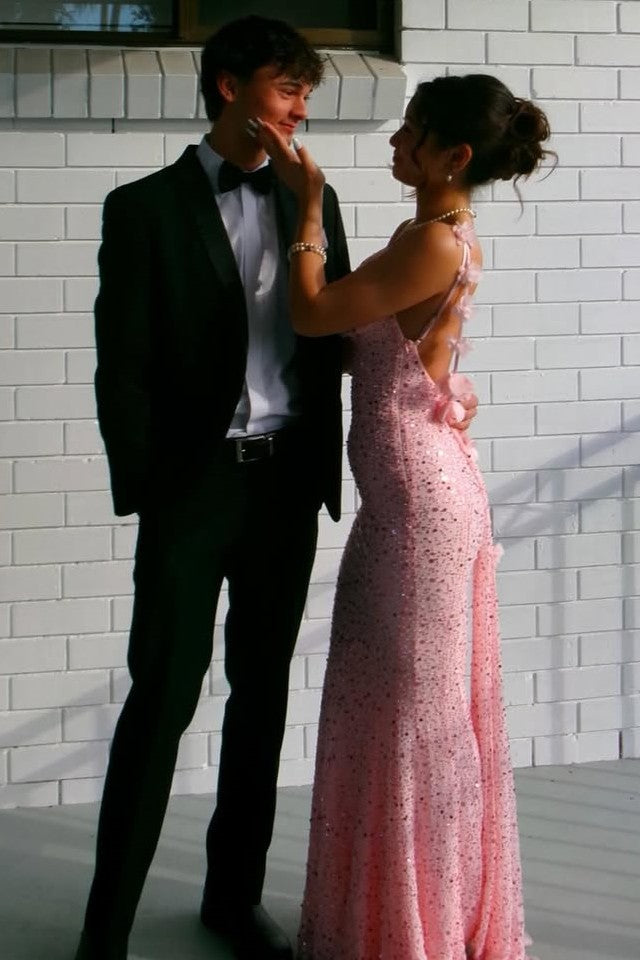 Pink Sparkly Spaghetti Straps Sequined Backless Mermaid Long Prom Dress