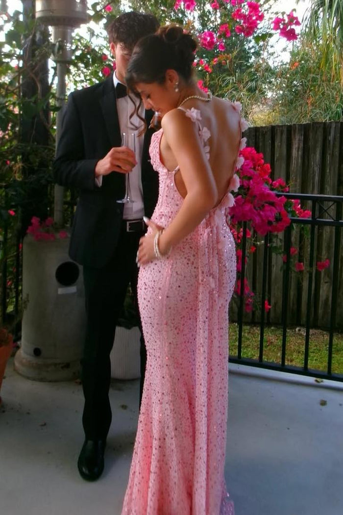 Pink Sparkly Spaghetti Straps Sequined Backless Mermaid Long Prom Dress