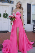 Pink Strapless A-Line Beads Empire-Waist Chiffon Prom Dress with Slit