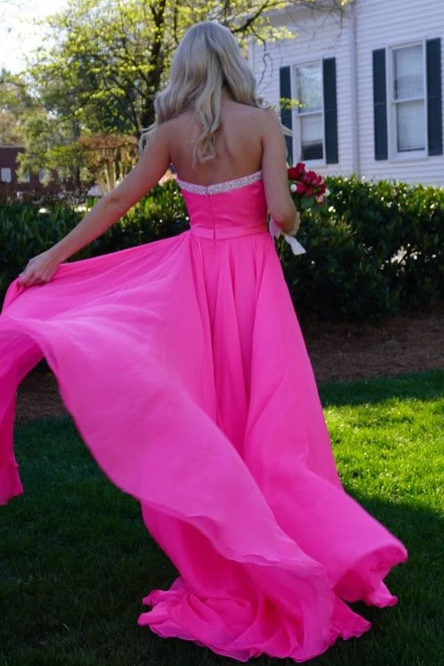 Pink Strapless A-Line Beads Empire-Waist Chiffon Prom Dress with Slit