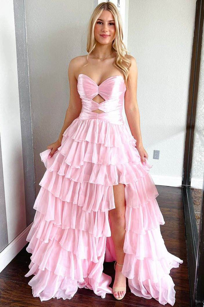 Pink Strapless A-Line Empire-Waist Keyhole Ruffles Tulle Long Prom Dress
