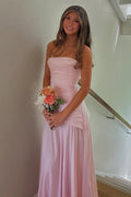 Pink Strapless A-Line Empire-Waist Pleated Sleeveless Long Prom Dress