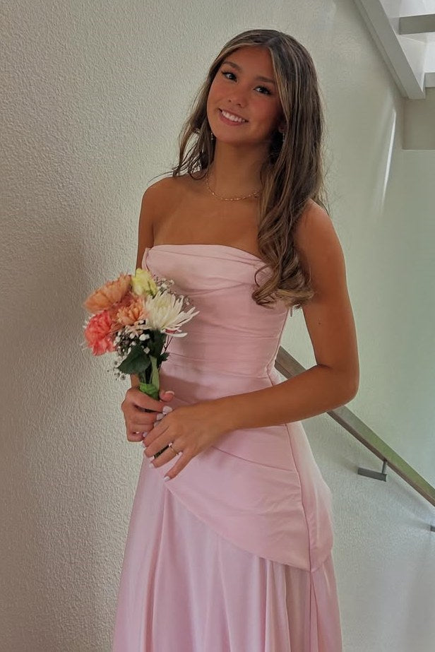Pink Strapless A-Line Empire-Waist Pleated Sleeveless Long Prom Dress