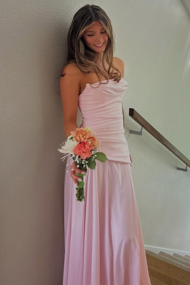 Pink Strapless A-Line Empire-Waist Pleated Sleeveless Long Prom Dress
