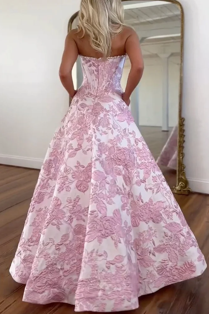 Pink Strapless A-Line Empire-Waist Sleeveless Jacquard Long Prom Dress with Pearls