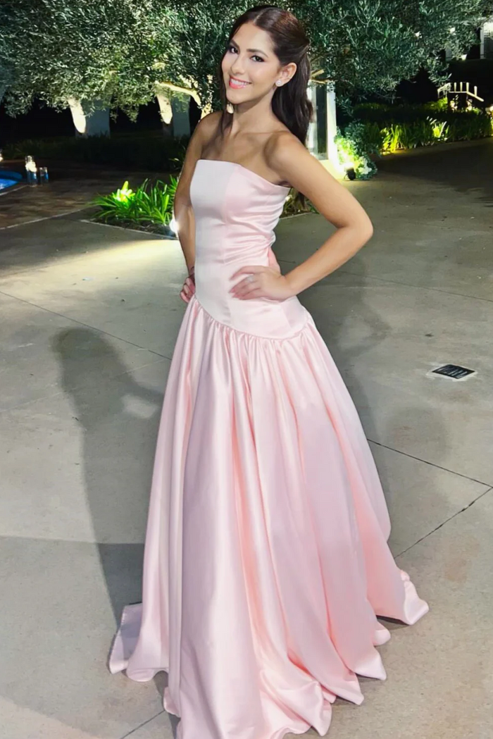 Pink Strapless A-Line Satin Empire-Waist pleated Long Prom Dress