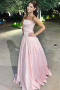Pink Strapless A-Line Satin Empire-Waist pleated Long Prom Dress