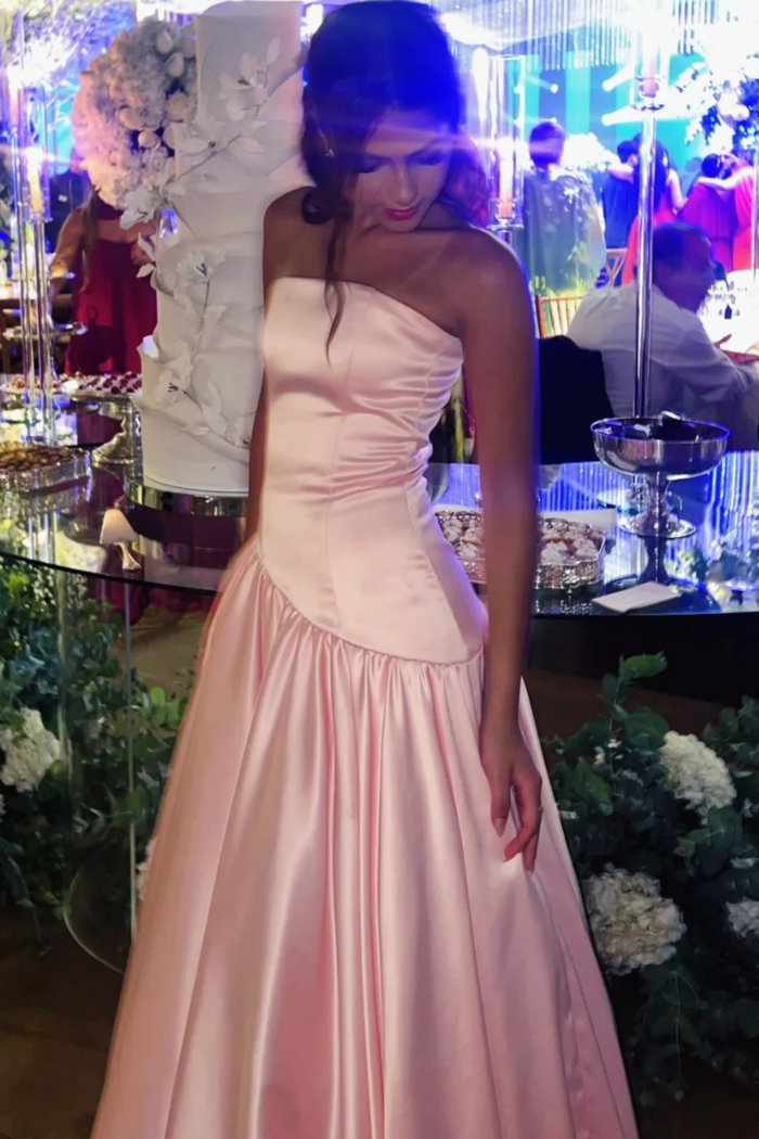 Pink Strapless A-Line Satin Empire-Waist pleated Long Prom Dress