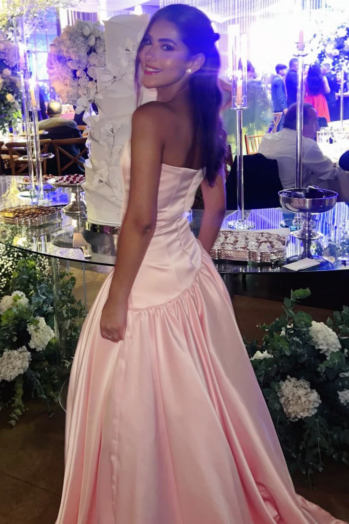Pink Strapless A-Line Satin Empire-Waist pleated Long Prom Dress