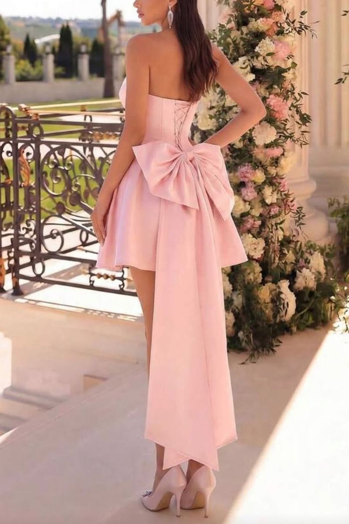 Pink Strapless A-Line Scoop Neck Pleated with Big Bow Party Homecoming Dress