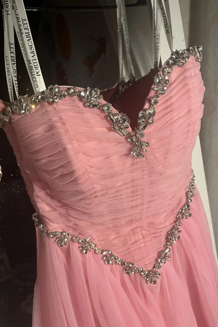 Pink Strapless Beads Sweetheart A-Line Empire-Waist Prom Dress