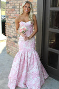 Pink Strapless Jacquard Sleeveless Pleats Mermaid Long Prom Dress