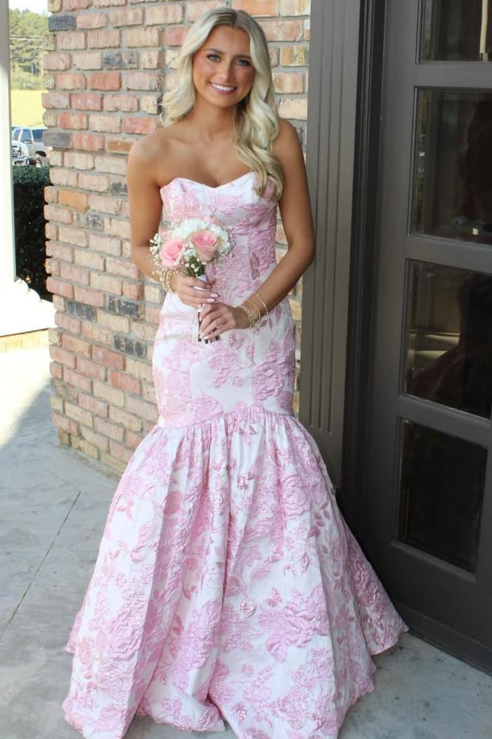 Pink Strapless Jacquard Sleeveless Pleats Mermaid Long Prom Dress