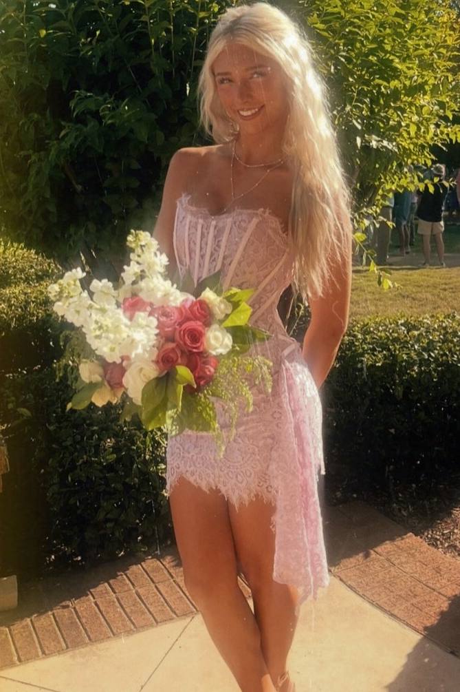 Pink Strapless Lace Appliques Pleats Sleeveless Mini Homecoming Dress