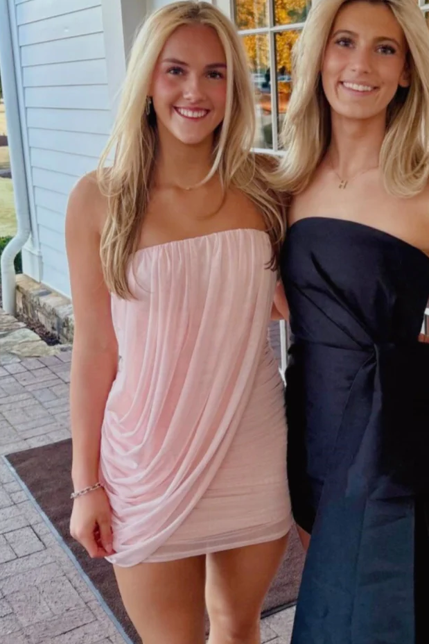 Pink Strapless Pleated Chiffon Bodycon Sleeveless Short Homecoming Dress